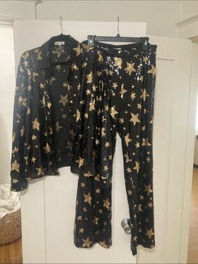 Main Strip Black Sequin Bootcut Pants with Gold Stars